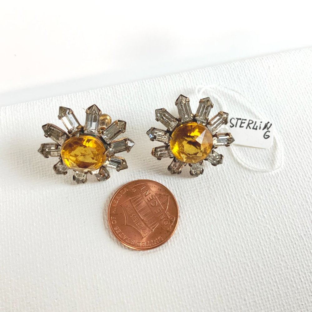 Vintage Sterling Silver Crystal Rhinestones Daisy Earrings Screw Back - Picture 4 of 16